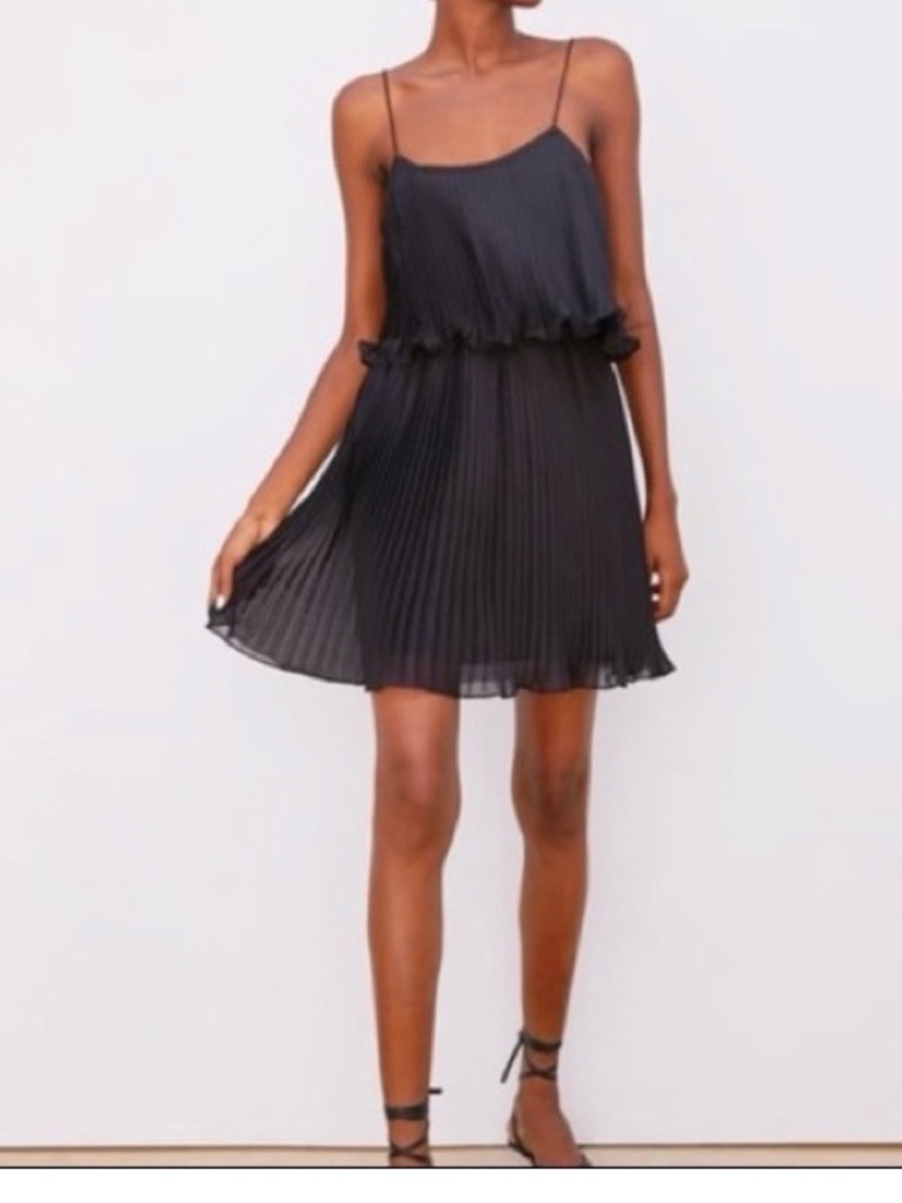 Zara Black Pleated Spaghetti-Strap Mini Dress